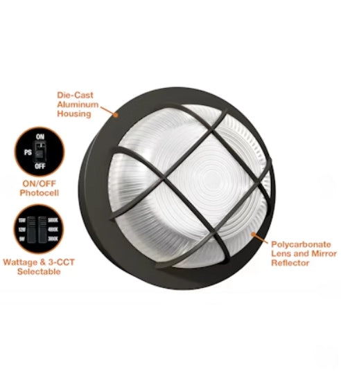 EnVisionLED LED-WPBH-RDCH-3P15-TRI-BZ-PC round bulkhead LED wall pack with selectable wattage and CCT, bronze finish