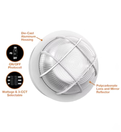 EnVisionLED LED-WPBH-RDCH-3P15-TRI-WH-PC round bulkhead LED wall pack with selectable wattage and CCT, white finish