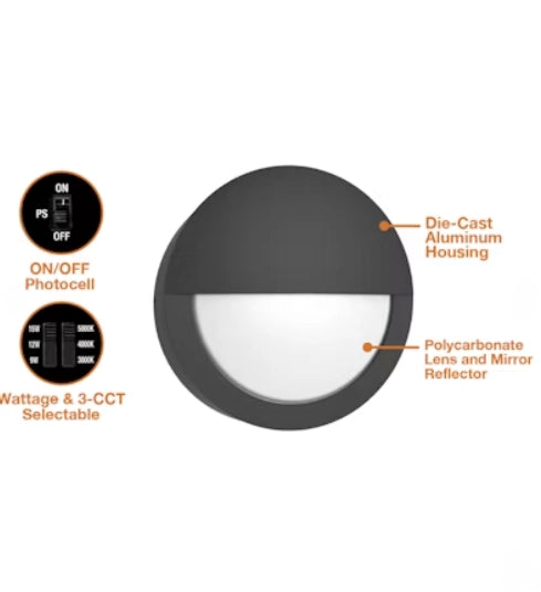 EnVisionLED LED-WPBH-RDSC-3P15-TRI-BL-PC round bulkhead LED wall pack with selectable wattage and CCT, black finish