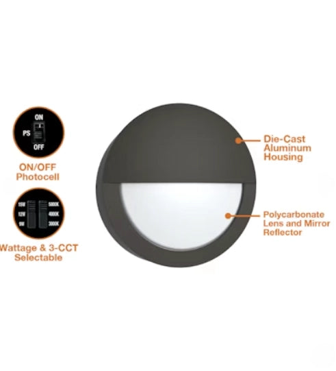 EnVisionLED LED-WPBH-RDSC-3P15-TRI-BZ-PC round bulkhead LED wall pack with selectable wattage and CCT, bronze finish
