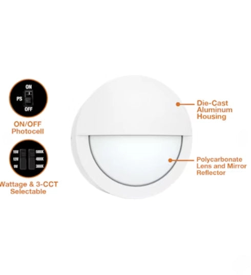 EnVisionLED LED-WPBH-RDSC-3P15-TRI-WH-PC round bulkhead LED wall pack with selectable wattage and CCT, white finish