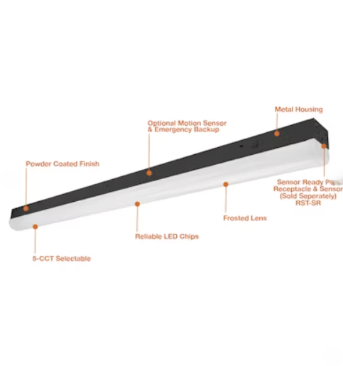 EnVisionLED LED-RST-4FT-3M40W-5CCT-SR-BL - 4 FT Round Strip: 5CCT & Sensor Ready - 20/30/40W - Selectable CCT - 120-277V - Black